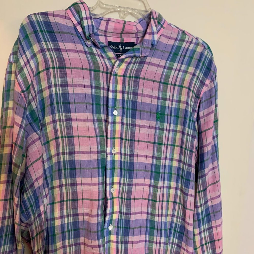 Mens Polo Button Down Large Plaid